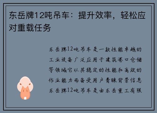 东岳牌12吨吊车：提升效率，轻松应对重载任务